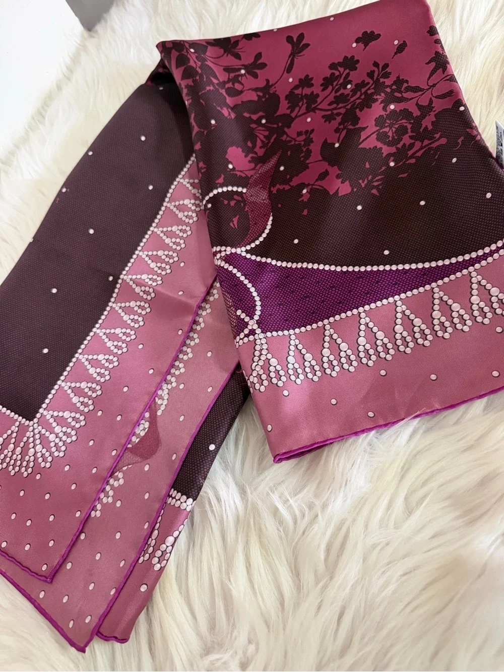 Nina Ricci Pink and Plum Floral Border Silk Square Scarf.